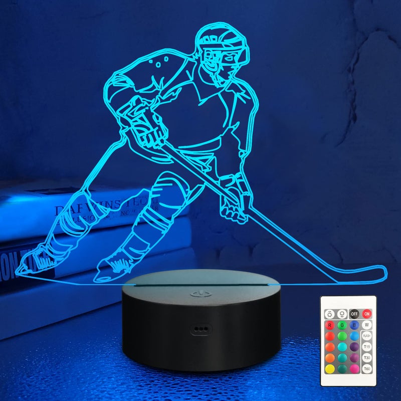 Lampeez Ice Hockey Player 3D Night Lights for Kids LED 16 Colors Remote Control Changing Touch Dimmable Table Desk Lamp Birthday Xmas Gifts Home Decor for Sports Hockey Fan - Image 1